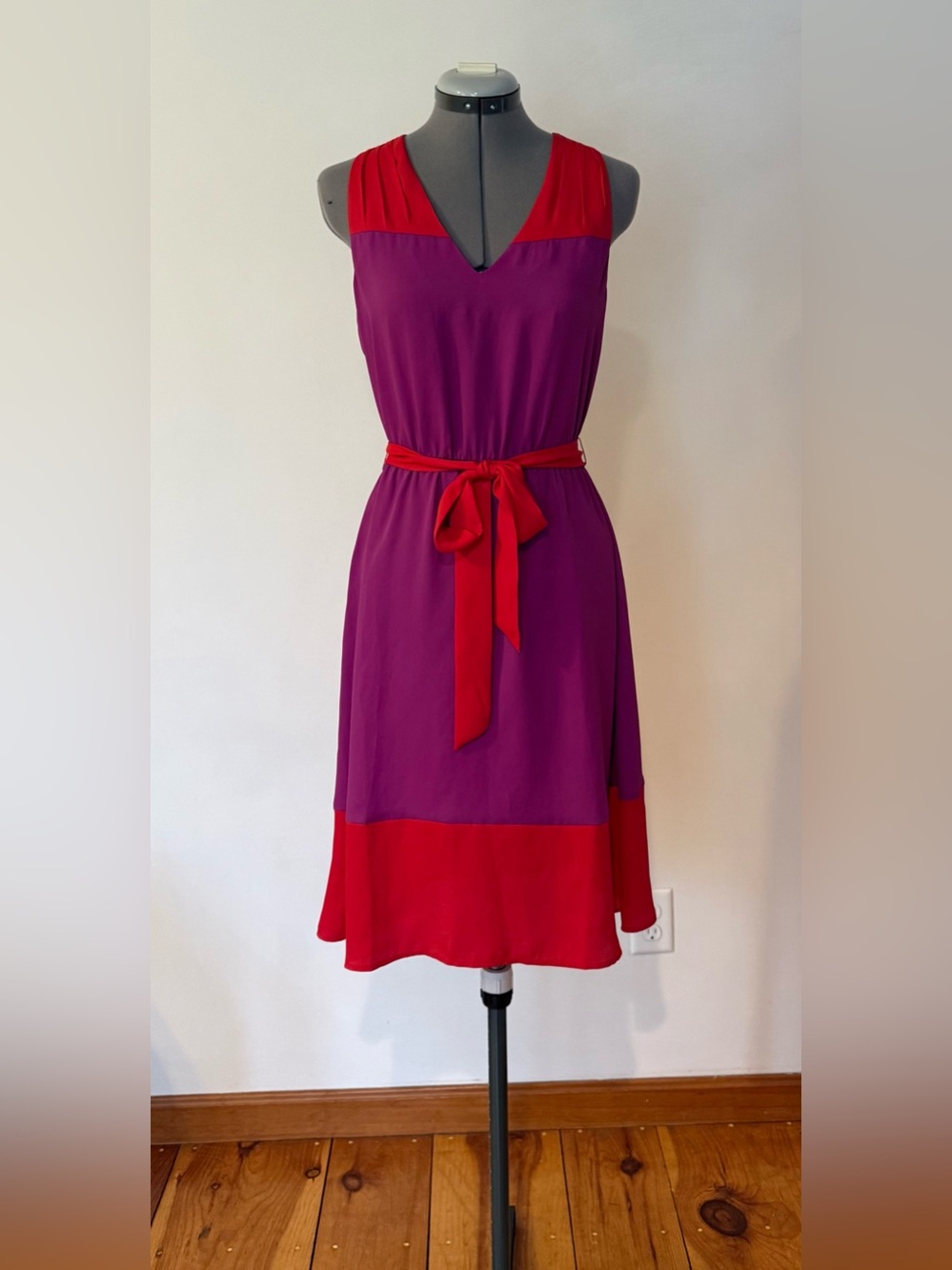 LOFT Purple and Red Sleeveless Belted Colorblock Midi Dress